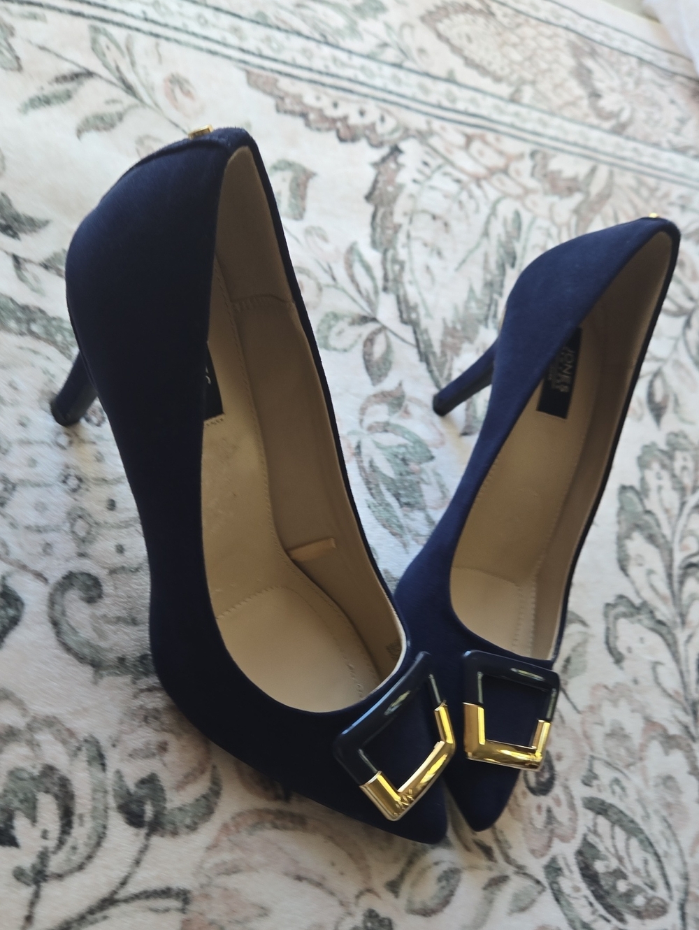 Jones New York Navy Pointed Toe Pumps with Gold Accent Buckles